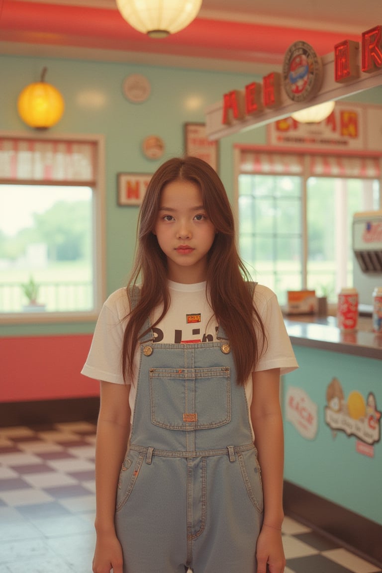 Portrait MagMix Girl look at camera, long hair, Overalls, Retro ice cream parlor with pastel-colored walls, a classic soda fountain counter, and vintage ice cream posters, bathed in warm sunlight, analog film photo, Kodachrome.