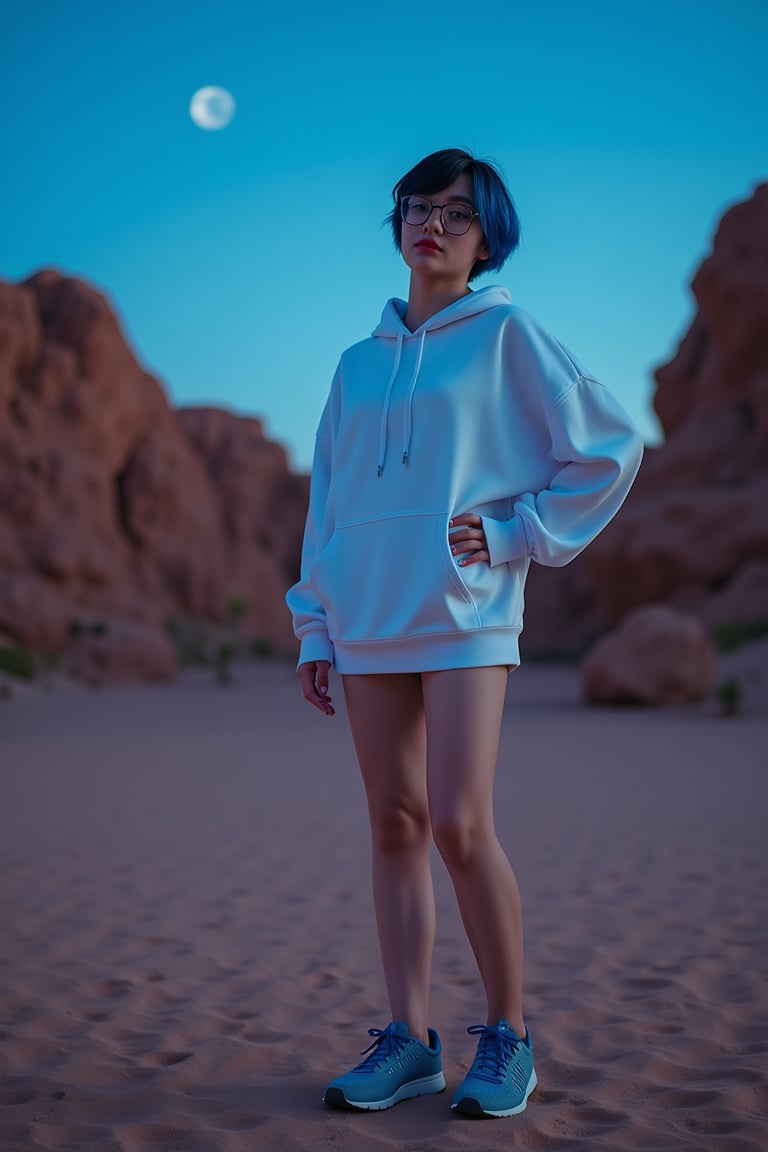 A young mix korean woman with a short, layered haircut and white hoodie stands in a three-quarter view on sandy terrain, surrounded by rocky formations under a clear sky,
 now illuminated by a warm, low-key neon glow at night, as she gazes directly at the camera with an air of mystery, her left hand on her hip, wearing glasses, blue sneakers with textured soles, and a hint of blue highlights in her hair, evoking the moody, cinematic style of Wong Kar-wai, with a shallow depth of field, subtle film grain, and muted color grading, shot with a mix of cool and warm tones, and a slight vignette, as if captured on 35mm film, 