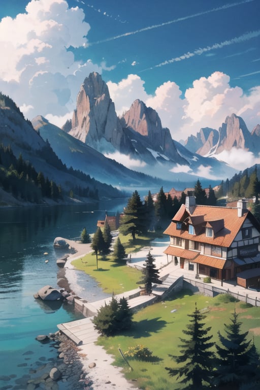 masterpiece, best quality , house, Germany, mountains background, pine tree, beautiful scenery, lake, heavenly cloudy,