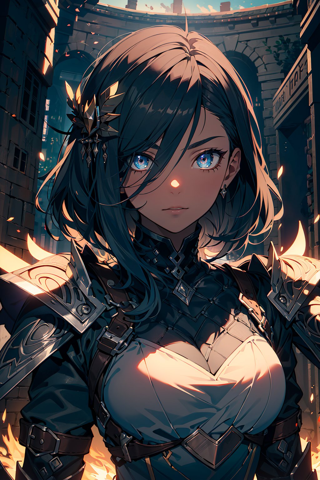 ((Masterpiece, highly detailed, extremely detailed, beautiful, HD)), (extremely detailed CG unity 8k wallpaper, masterpiece, best quality, ultra-detailed, best shadow), (detailed background), (beautiful detailed face, beautiful detailed eyes), area lighting, hourglass_figure, HD, 8k, 1lady, looking up, fire sky, knight, armor 