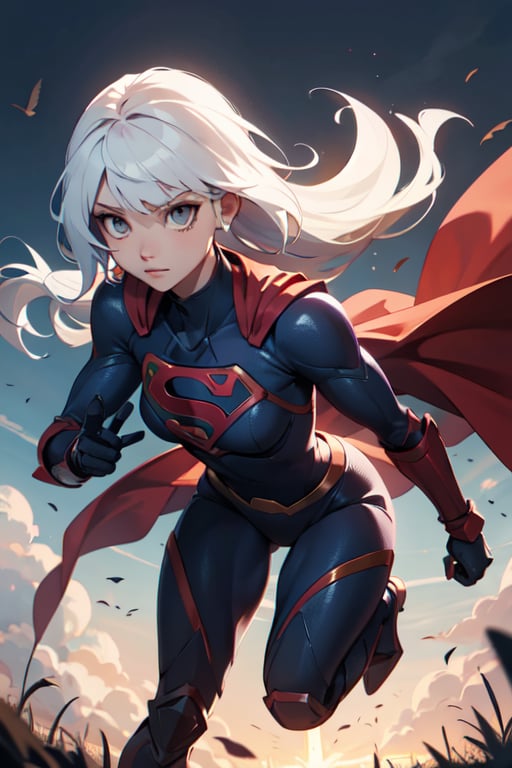 Highres, best quality, extremely detailed, female knight, supergirl, black suit, white hair, black armor, flying, gray eyes, overlooking an army, horror style, area lighting, hourglass_figure, HD, 8k