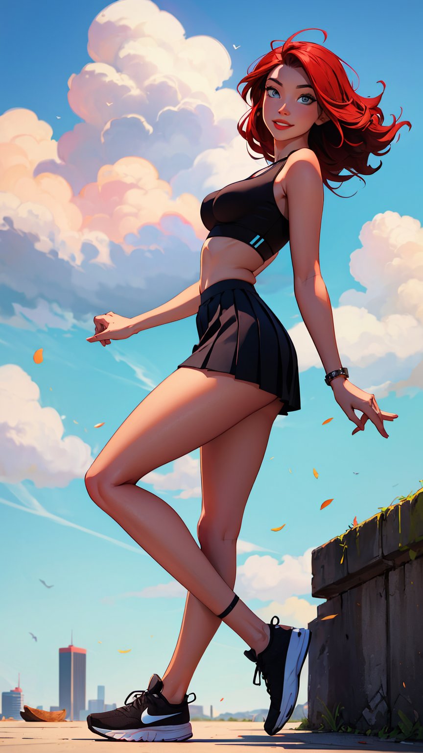 Windy hair, clouds, 1woman, light smile, almond eyes, light blue_eyes, red hair, past the waist, black hair with bangs, black crop top, mini pleated skirt, big breasts, beautiful face, perfect body, prefect ass, perfect legs, perfect hand, perfect feet, perfect arms, seductive look, sexy eyes, nike shoes, solo, full lips, full_body,SAM YANG