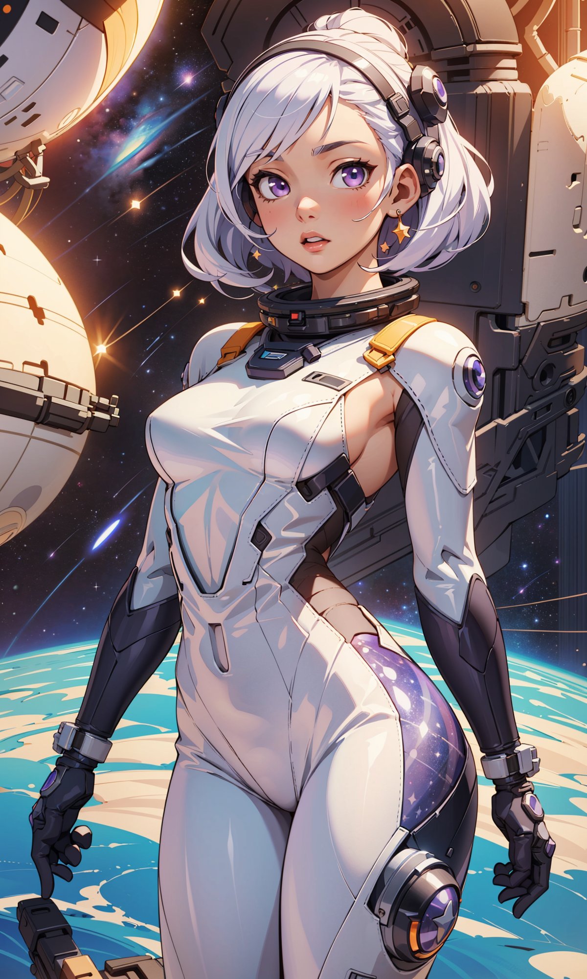 ((Masterpiece, highly detailed, extremely detailed, beautiful, HD)), 1lady, outer_space, space_station, space_suit, space_pants, star_(sky), area lighting, hourglass_figure, HD, 8k, white_hair, light_purple_eyes, little brown skin, Mexican women 