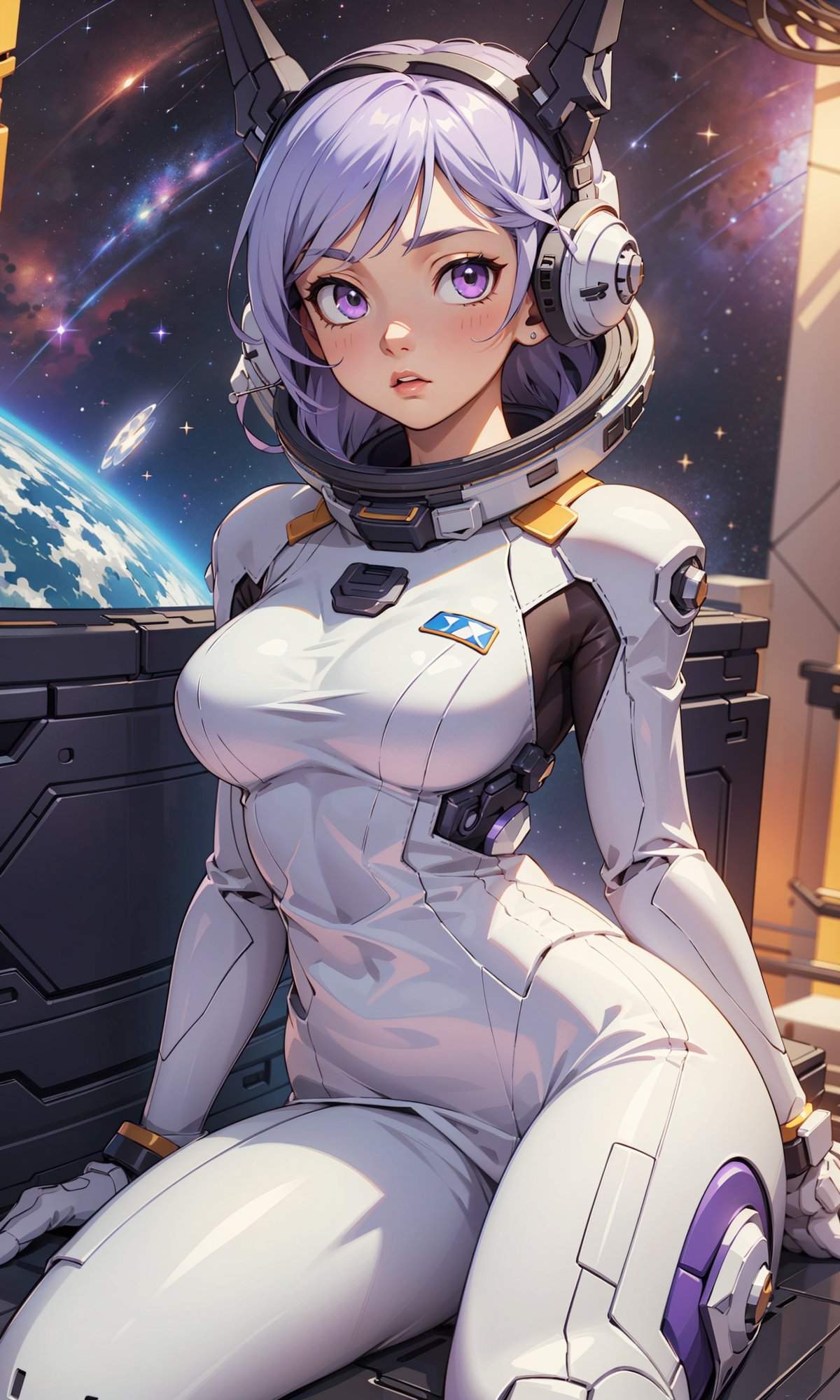 ((Masterpiece, highly detailed, extremely detailed, beautiful, HD)), 1lady, outer_space, space_station, space_suit, space_pants, star_(sky), area lighting, hourglass_figure, HD, 8k, long white_hair, light_purple_eyes, sitting_down, headgear