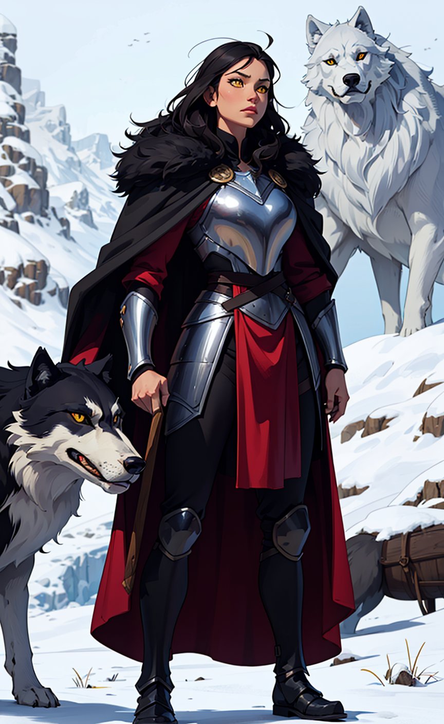 One woman, black_hair, yellow_eyes, viking armor, fur cape, holding exa, standing next to a giant wolf