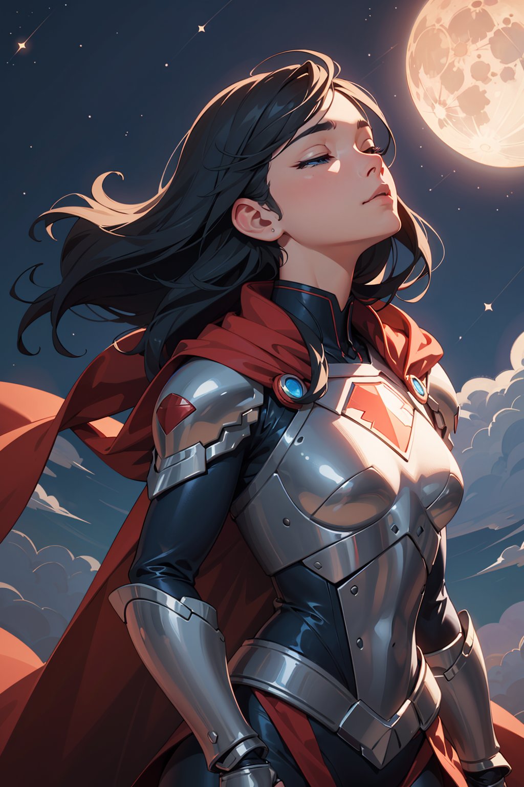 ((Masterpiece, highly detailed, extremely detailed, beautiful, HD)), 1lady, area lighting, hourglass_figure, HD, 8k, supergirl, long_cape, knight black armor, black_hair, blueeyes, cloud, flying, moon, night, stars, looking up, closed_eyes, :)