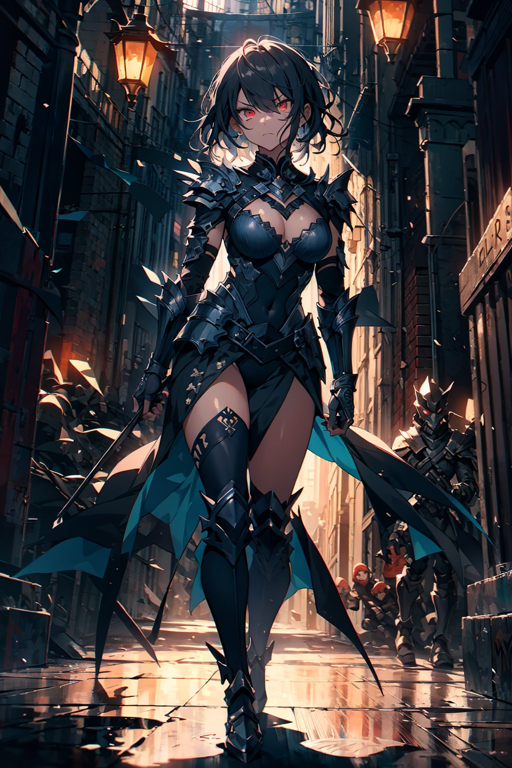 ((Masterpiece, highly detailed, extremely detailed, beautiful, HD)), (extremely detailed CG unity 8k wallpaper, masterpiece, best quality, ultra-detailed, best shadow), (detailed background), (beautiful detailed face, beautiful detailed eyes), glowing eyes, area lighting, hourglass_figure, HD, 8k, 1lady, looking up, dark knight armor, armor, black short hair, red eyes, angry, serious, battle scene 