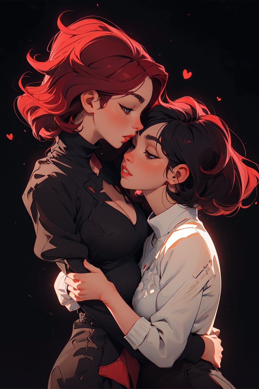 (black background),(2women), best friends, lady(1), black hair, lady(2), red hair, kiss