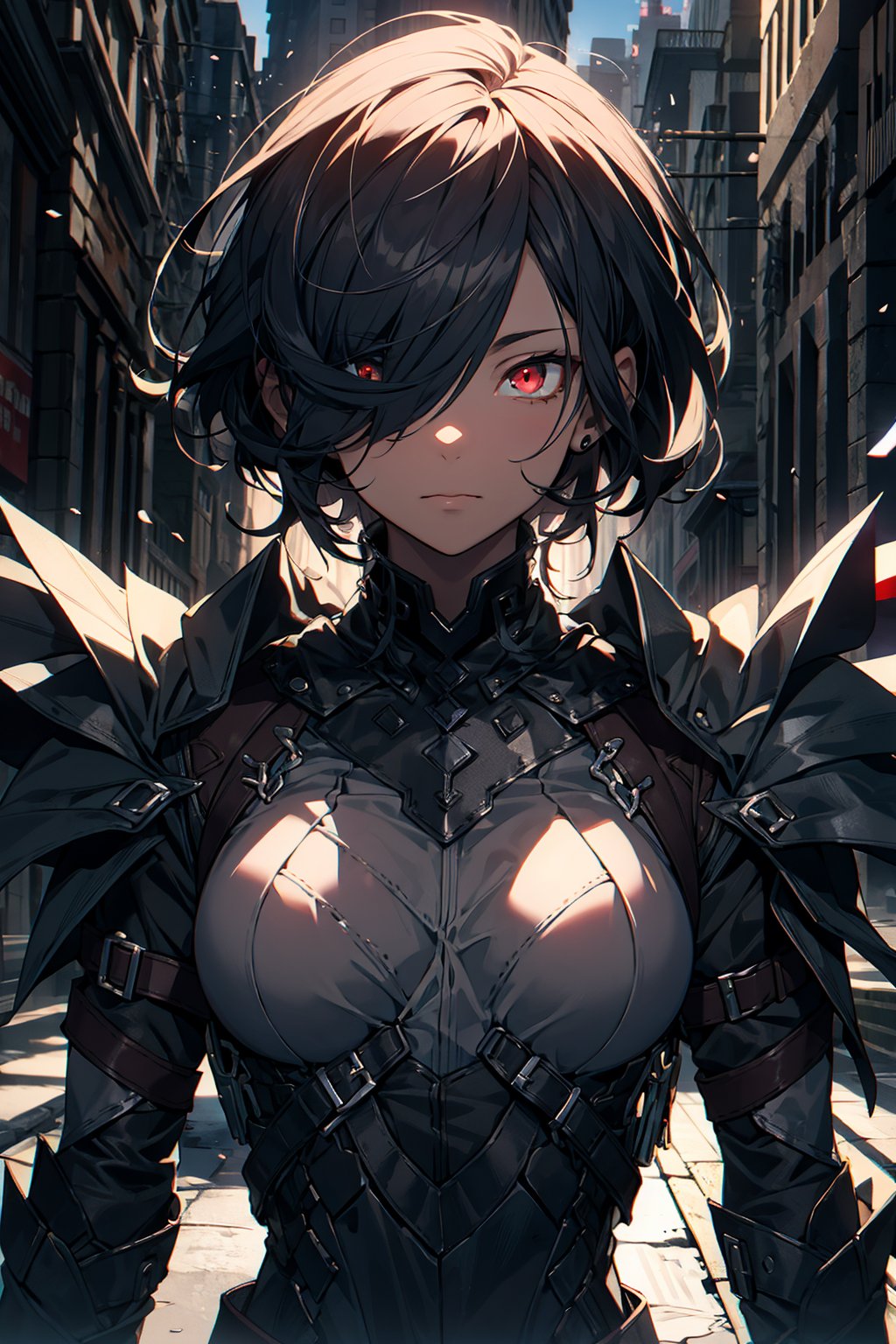 ((Masterpiece, highly detailed, extremely detailed, beautiful, HD)), (extremely detailed CG unity 8k wallpaper, masterpiece, best quality, ultra-detailed, best shadow), (detailed background), (beautiful detailed face, beautiful detailed eyes), glowing eyes, area lighting, hourglass_figure, HD, 8k, 1lady, looking up, dark knight armor, armor, black short hair, red eyes