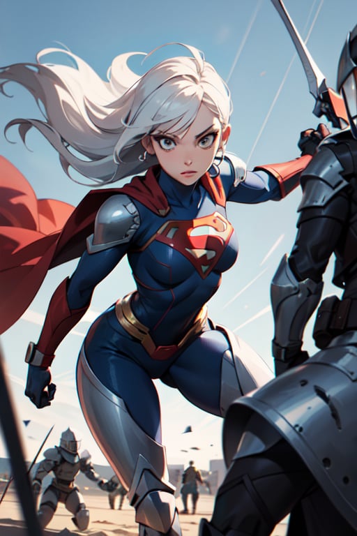 Highres, best quality, extremely detailed, female knight, supergirl, black suit, white hair, black armor, flying, gray eyes, overlooking an army, horror style, area lighting, hourglass_figure, HD, 8k