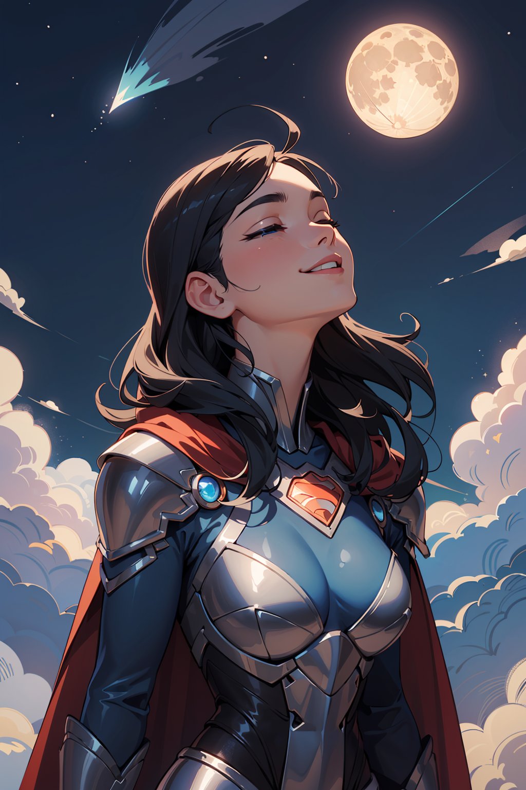 ((Masterpiece, highly detailed, extremely detailed, beautiful, HD)), 1lady, area lighting, hourglass_figure, HD, 8k, supergirl, long_cape, knight black armor, black_hair, blueeyes, cloud, flying, moon, night, stars, looking up, closed_eyes, smile