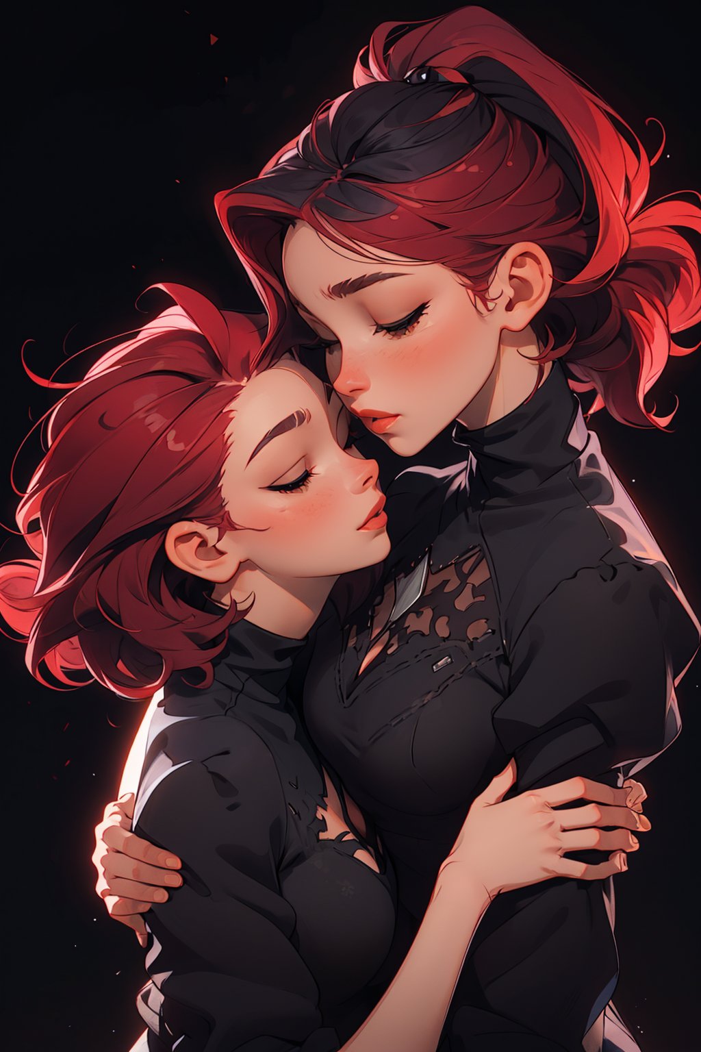 (black background),(2women), best friends, woman(1), black hair, woman(2), red hair, kiss