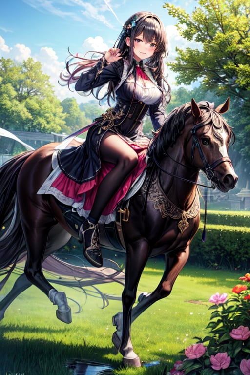 masterpiece, best quality, 1girl, solo, ultra-detailed, very detailed illustrations, extremely detailed, intricate details, highres, super complex details, extremely detailed 8k cg wallpaper, low angle shot, caustics,reflection,rays,long black hair,full body view,smile,blush,hourse riding dress,riding a hourse,garden background,no_humans,scenery