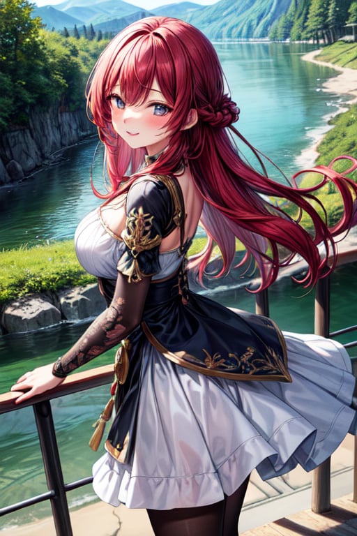 masterpiece, best quality, 1girl, solo, ultra-detailed, very detailed illustrations, extremely detailed, intricate details, highres, super complex details, extremely detailed 8k cg wallpaper, low angle shot, caustics,reflection,rays,long red hair,smile,blush,desent female servent outfit,standing on a bridge,river and mountain background