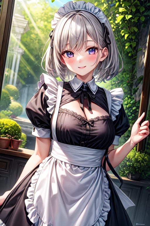 masterpiece, best quality, 1girl, solo, ultra-detailed, very detailed illustrations, extremely detailed, intricate details, highres, super complex details, extremely detailed 8k cg wallpaper, low angle shot, caustics,reflection,rays,short white hair,maid dress,smile,blush,laverder garden background,no_humans,scenery