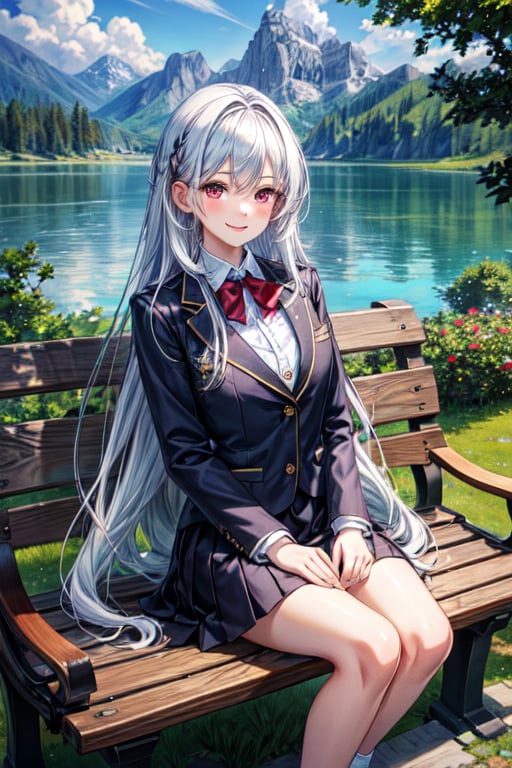 masterpiece, best quality, 1girl, solo, ultra-detailed, very detailed illustrations, extremely detailed, intricate details, highres, super complex details, extremely detailed 8k cg wallpaper, low angle shot, caustics,reflection,rays,sitting on bench,under a tree,long white and blue hair,smile,school,blazers outfit,red eyes,mountain and lakes background,