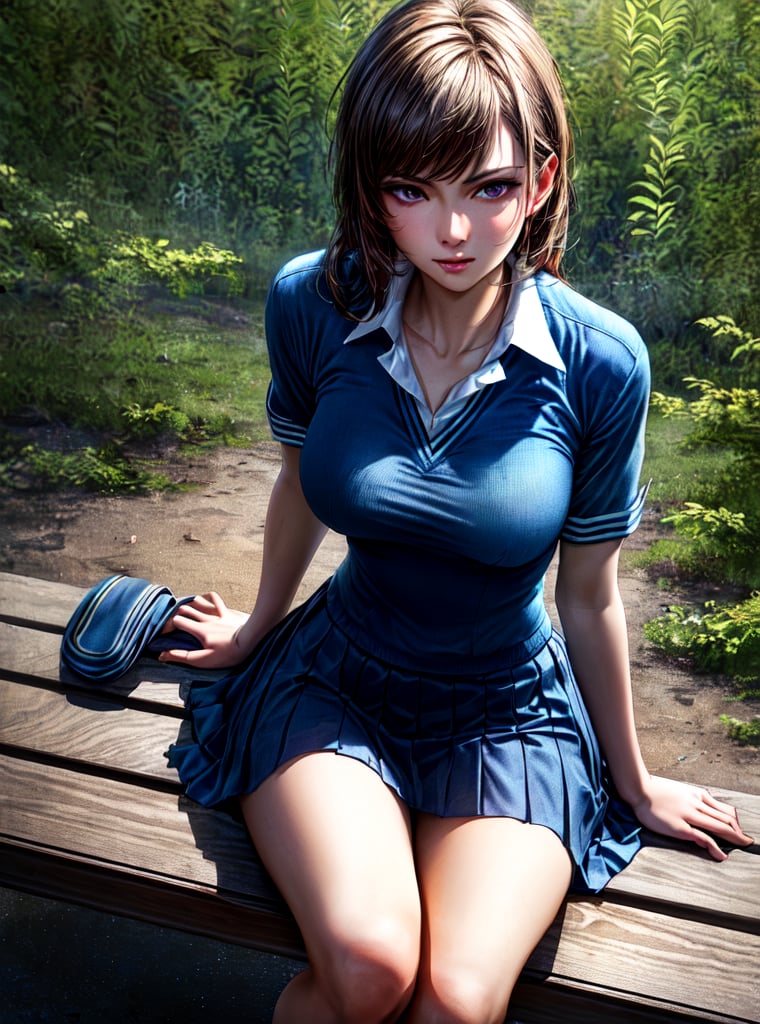 (best quality), (masterpiece), ((realistic), (detailed), beautiful woman, facing the viewer, sitting on a bench,school uniform,school background, futuresti, (masterpiece), absurdres, HDR,dark studio