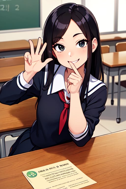 masterpiece(1.2),best high quality,1girl,perfect face,perfect fingers,(pose: casually place elbows on table),smile,long black hair,school uniform