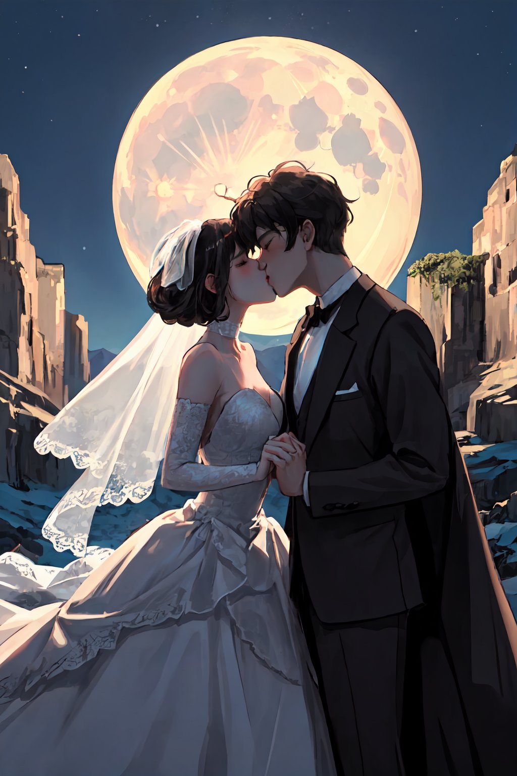 masterpiece(1.2),best high quality,clear view,1men and 1lady,kissing,black wedding dress,moon above the head,night,moon light,16k,best mountain landscape