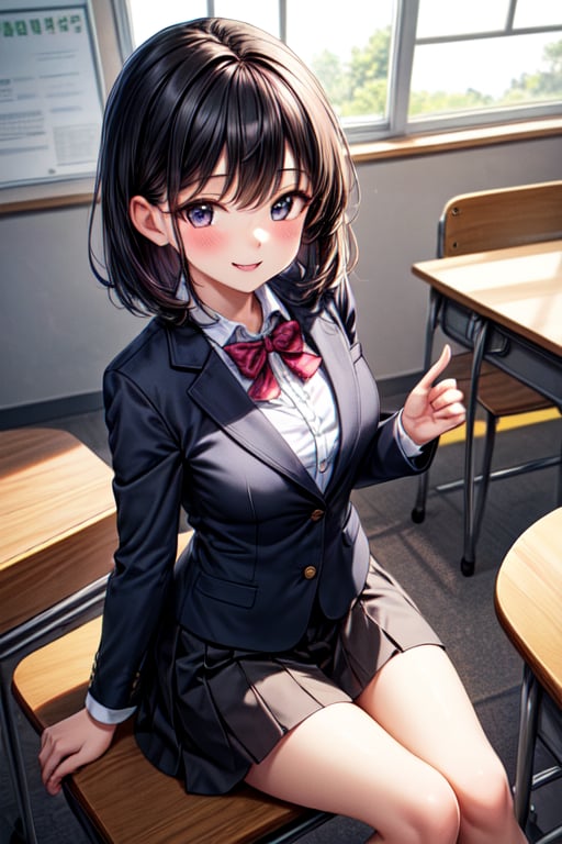 masterpiece, best quality, 1girl, solo, ultra-detailed, very detailed illustrations, extremely detailed, intricate details, highres, super complex details, extremely detailed 8k cg wallpaper, low angle shot, caustics,reflection,rays,short black hair,blazer,smile,blush,sitting in table classroom,classroom background