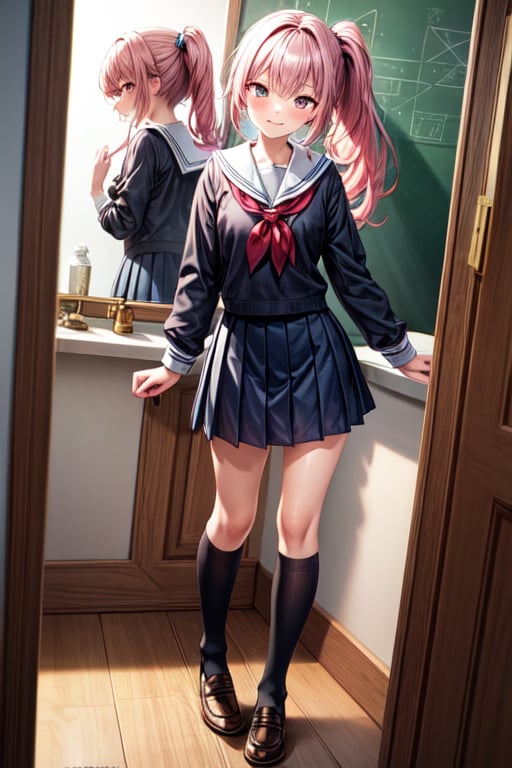 masterpiece, best quality, 1male, solo, ultra-detailed, very detailed illustrations, extremely detailed, intricate details, highres, super complex details, extremely detailed 8k cg wallpaper, low angle shot, caustics,reflection,rays,long pink hair,pony tail,school uniform,standing in front of mirror,blush,smile,full body view, background,no_humans,scenery