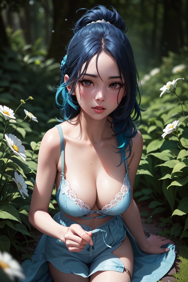 (realistic:1.2), (masterpiece, best quality, ultra-detailed), (beautiful detailed face, beautiful detailed eyes, volumetric lighting),1girl, solo, (dutch angle:1.3), (blue hair, grey eyes:1.4), small breasts, perm hair, (aquamarine jumpsuit, teal bustier:1.2), monocle,mksks style, (beautiful detailed hill, noon:1.2), (light particles, lens flare, chromatic aberration:1.3),