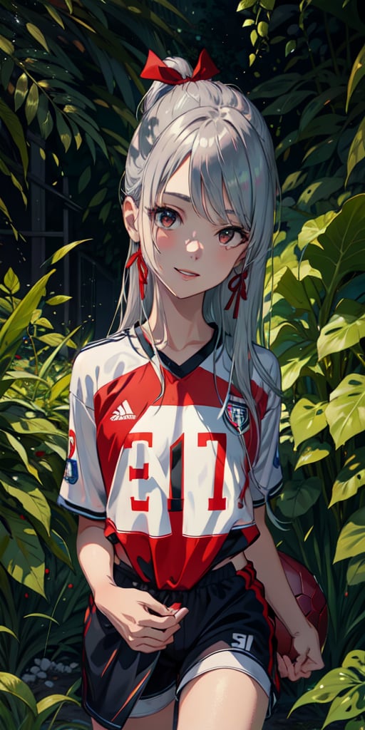 1girl,solo, looking at viewer, football soccer pitch background, long silver hair , parted lips, light smile, dark eyes, football jersey, red ribbon on hair, hands behind back, posing