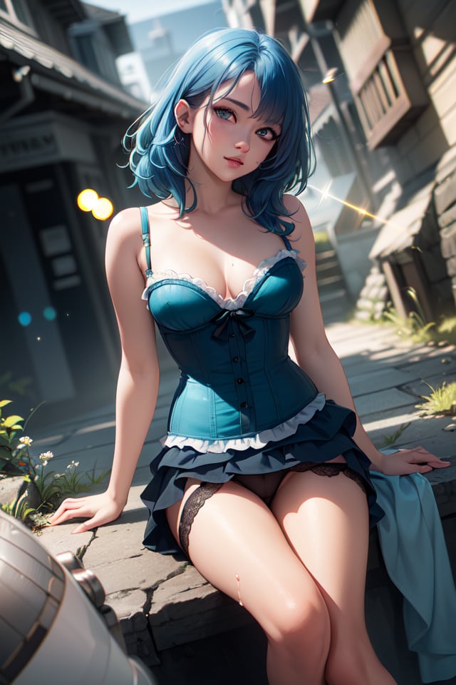 (realistic:1.2), (masterpiece, best quality, ultra-detailed), (beautiful detailed face, beautiful detailed eyes, volumetric lighting),1 hot girl, solo, (dutch angle:1.3), (blue hair, grey eyes:1.4), small breasts, showing pussy,perm hair, (aquamarine panty, teal bustier:1.2), monocle,mksks style, (beautiful detailed hill, noon:1.2), (light particles, lens flare, chromatic aberration:1.3),