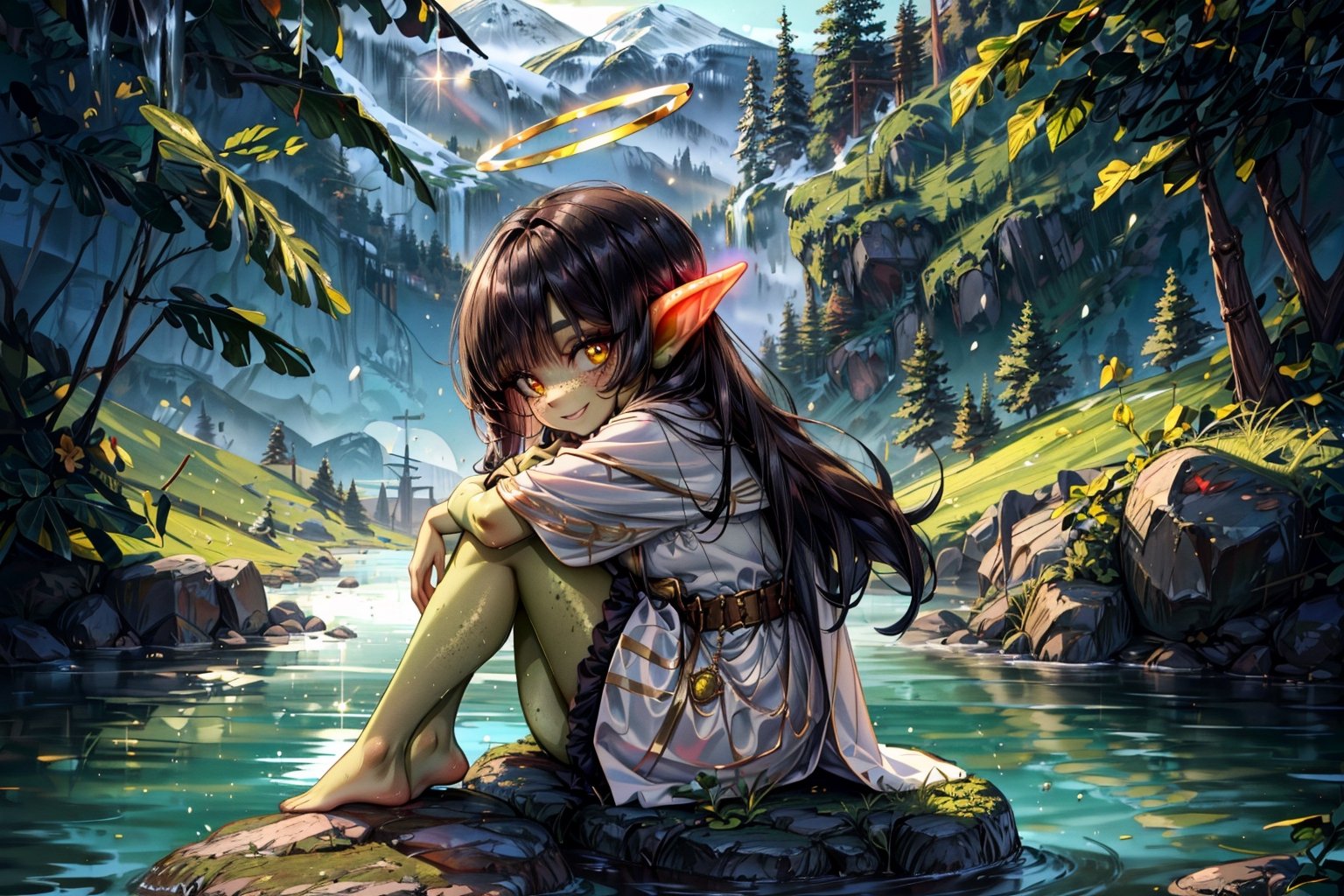 female goblin, (dark hair, black_hair, hime cut, long_hair), (cleric clothes, white robes, golden pendants) golden_eyes, 1girl, freckles, gobgirlz, (colored skin, green_skin), golden halo, sitting on a rock besides a river, smiling, looking at viewer, full body, side view, green skin