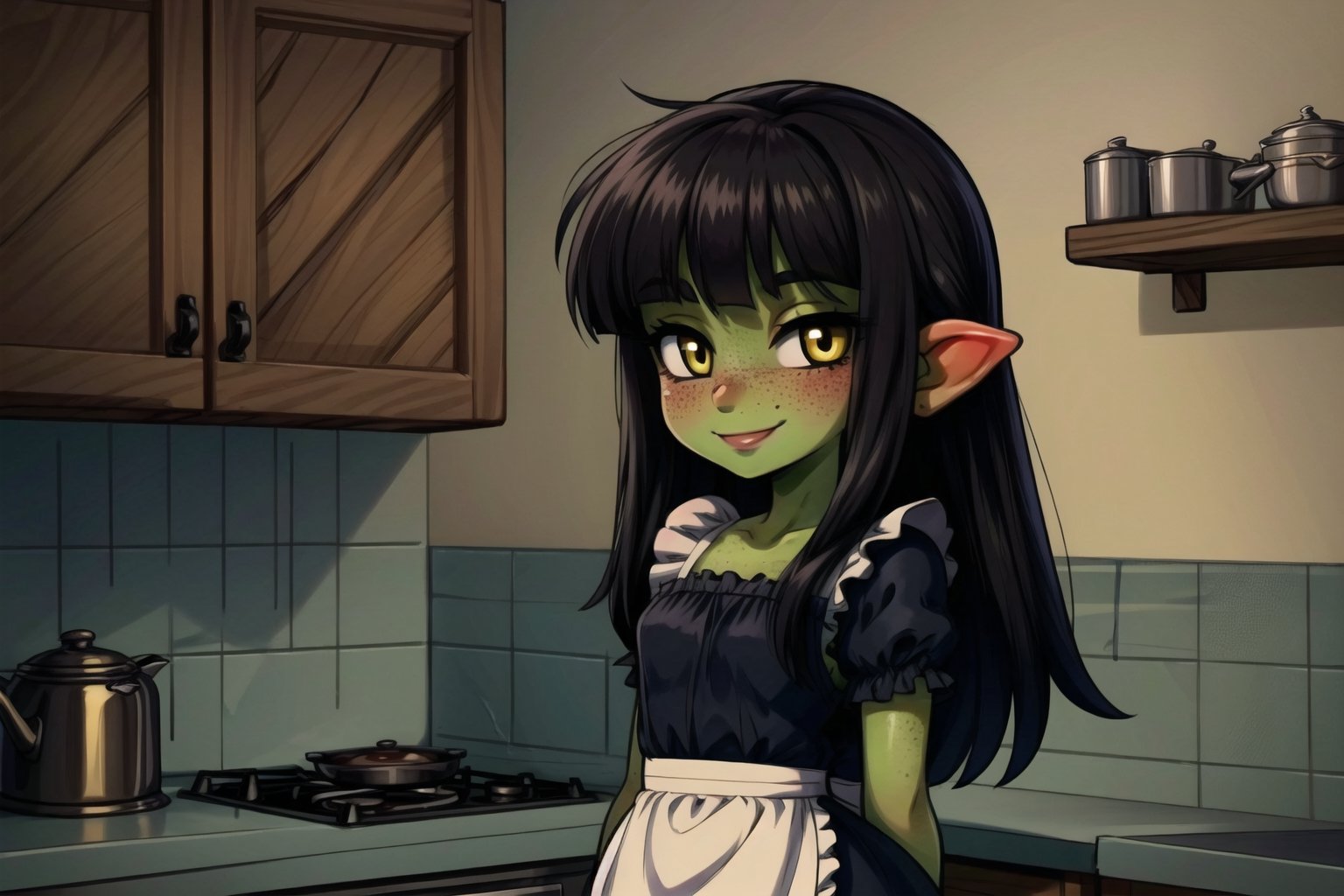 female goblin, (dark hair, black_hair, hime cut, long_hair), yellow eyes, freckles, (colored skin, green_skin), green skin color, blushing, 1girl, smiling, wagashi, white apron, inside an old medieval kitchen, 