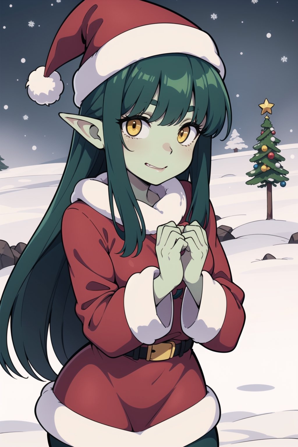 A cute female goblin with a christmas hat in a snowy place, green skin, black long hair, yellow eyes, hime cut, christmas clothes