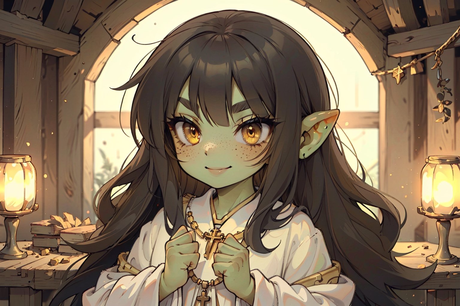 female goblin,(colored skin, green_skin), (dark hair, black_hair, hime cut, long_hair), (cleric clothes, white robes, golden pendants) golden_eyes, 1girl, solo_female, best quality, freckles, smile, goblin girl, medieval fantasy, clenched hands