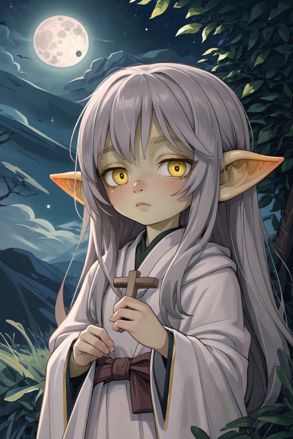 A whimsical green goblin maiden with a striking hime cut and long, gray hair. Her yellow eyes, revealing delicate freckles on her green skin. pointy ears add to her endearing features. The overall visual impact is strong, wearing white clerical robes. She gazes at the moon in a dark starry night while in a cliff under a tree, looking away