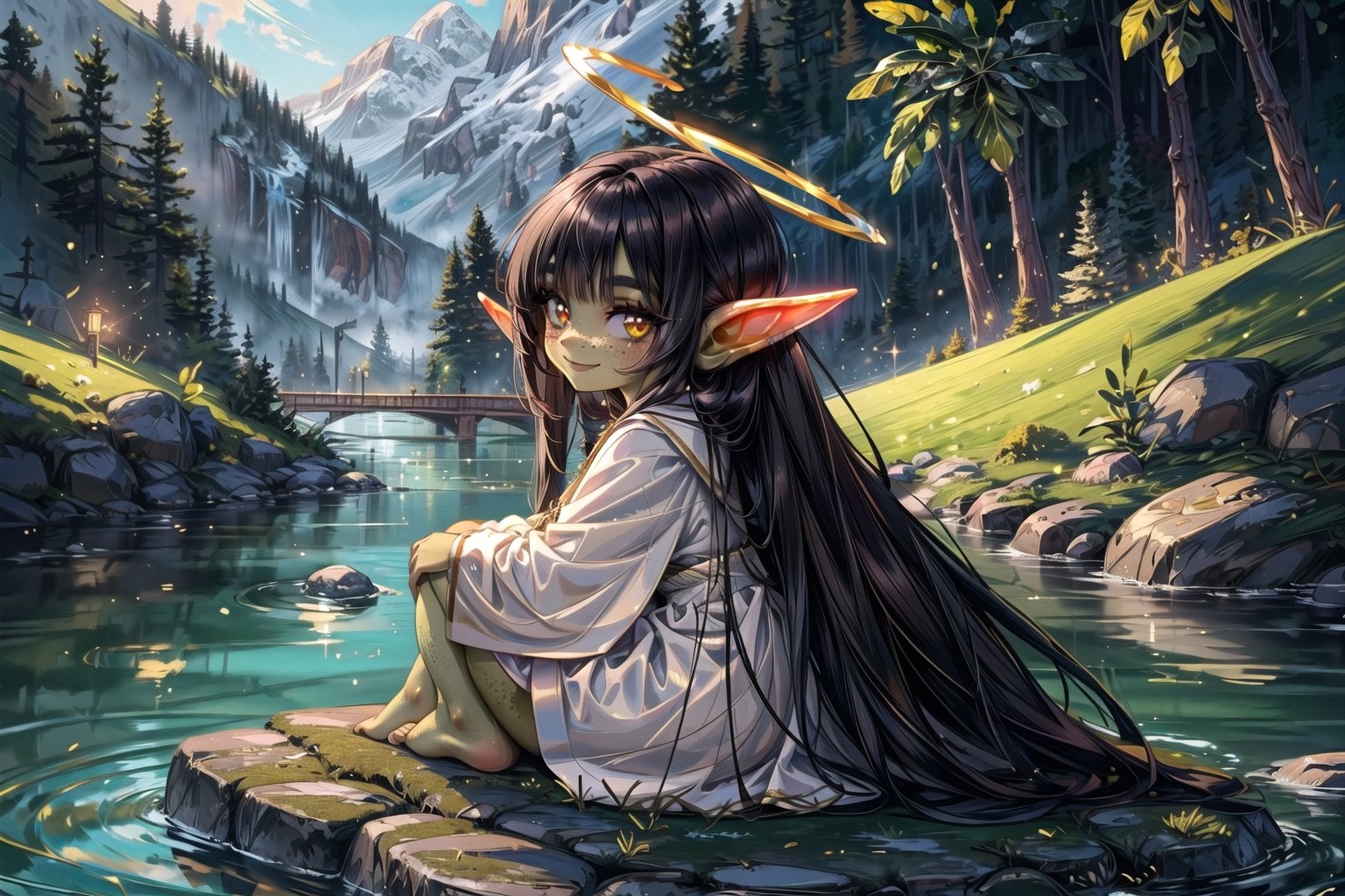 female goblin, (dark hair, black_hair, hime cut, long_hair), (cleric clothes, white robes, golden pendants) golden_eyes, 1girl, freckles, gobgirlz, (colored skin, green_skin), golden halo, sitting on a rock besides a river, smiling, looking at viewer, full body, side view