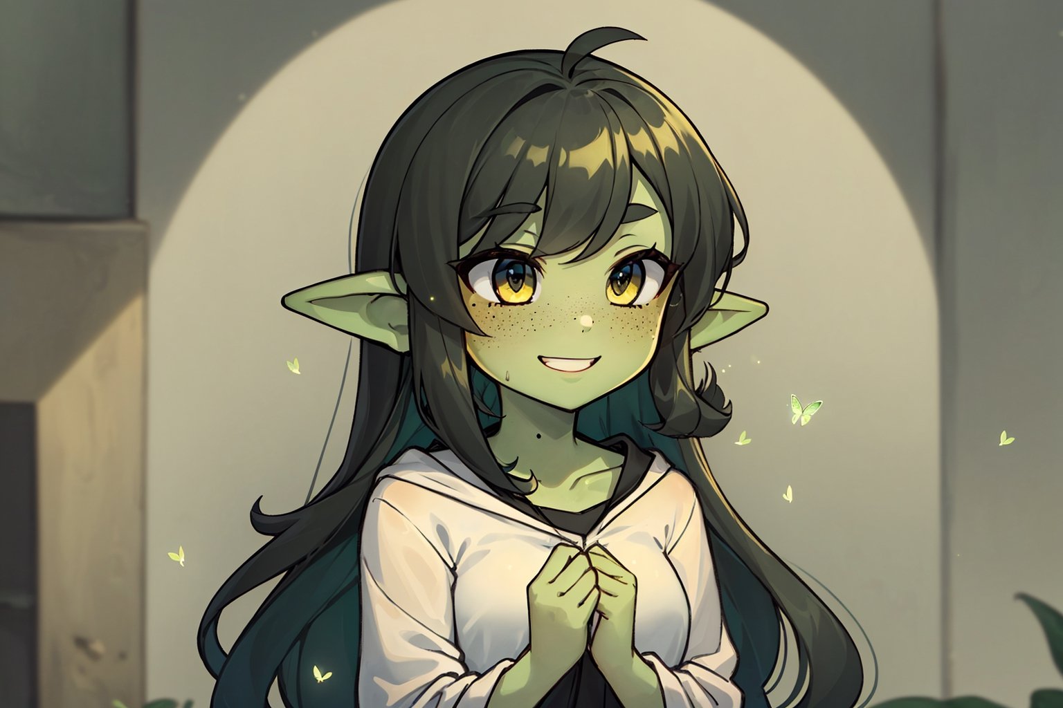 female green skin goblin,(colored skin, green_skin), (dark hair, black_hair, hime_cut, long_hair), golden_eyes, 1girl, solo_female, best quality, freckles, smile, (cleric clothes, white robes), a butterfly in her hand, ARTby Noise, side view, lots of butterflies, gobgirlz, firefliesfireflies