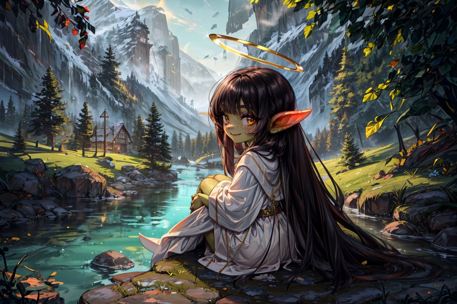 female goblin, (dark hair, black_hair, hime cut, long_hair), (cleric clothes, white robes, golden pendants) golden_eyes, 1girl, freckles, gobgirlz, (colored skin, green_skin), golden halo, sitting on a rock besides a river, smiling, looking at viewer, full body, side view, green skin