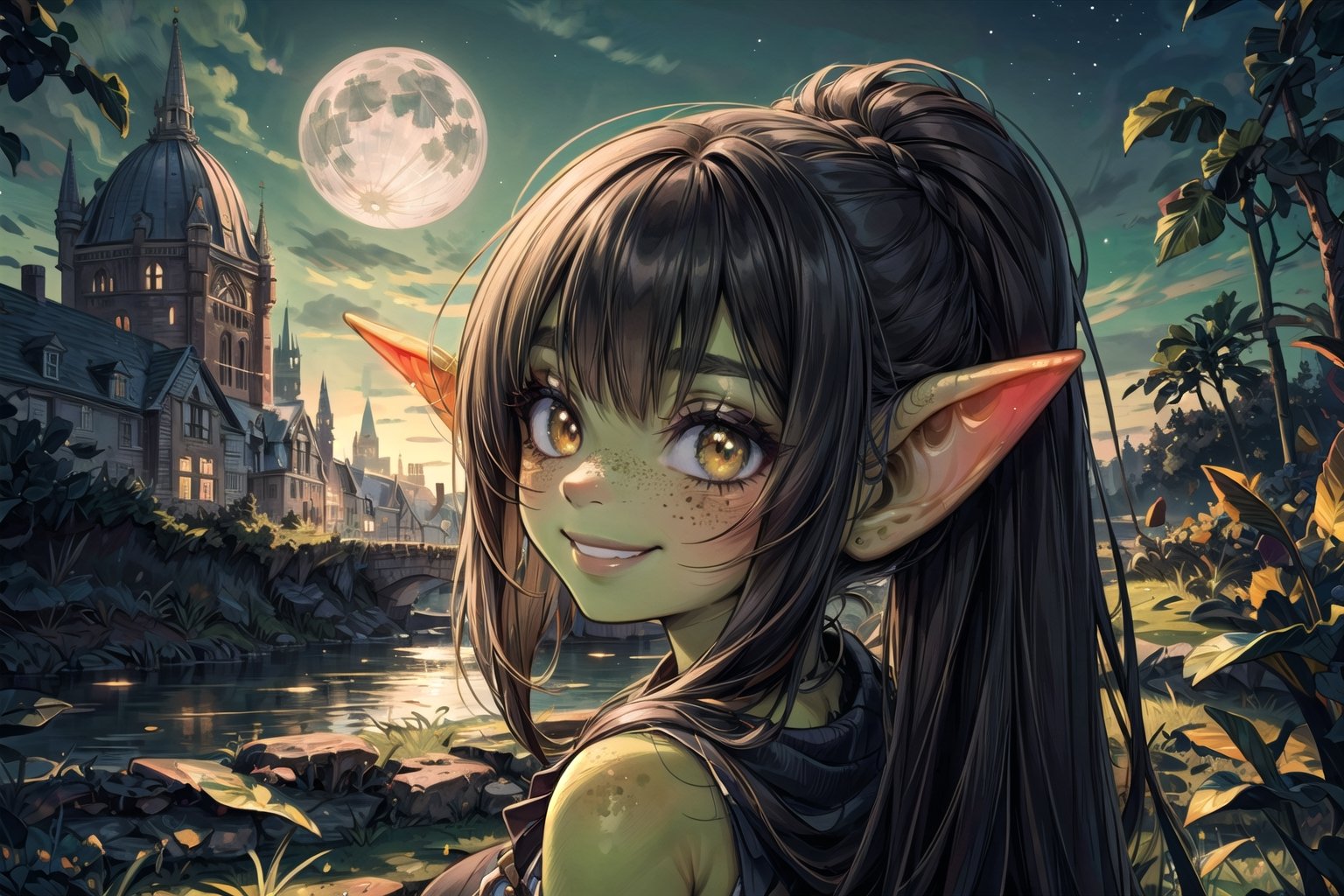 female goblin,(colored skin, green_skin), (dark hair, black_hair, hime cut, long_hair), golden_eyes, 1girl, solo_female, best quality, freckles, smile, goblin girl, gobgirlz, medieval fantasy, at night, soft moonlight, green skin, backlightning,gobgirlz