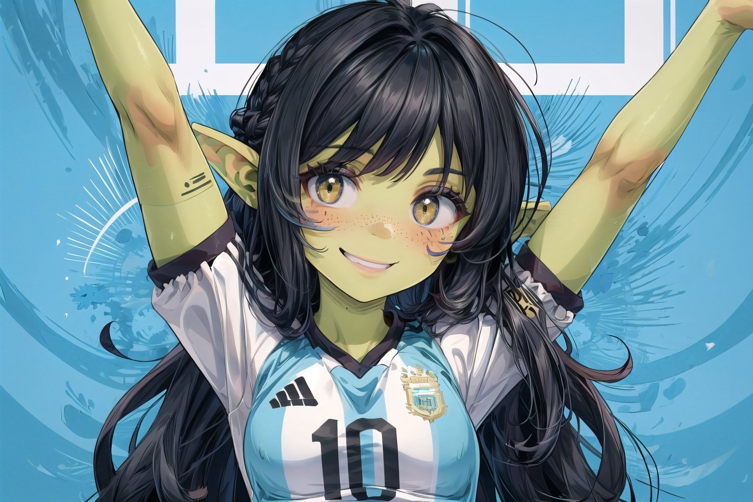 female goblin, (dark hair, black_hair, hime cut, long_hair), yellow eyes, freckles, (colored skin, green_skin), green skin color, 
 gobgirlz, argentina sport shirt, argentina flag background, smiling, messi shirt, 1girl, solo_female, celebrating, arms up