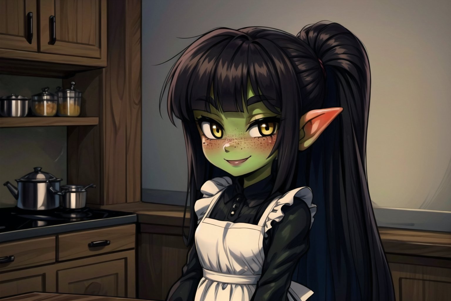 female goblin, (dark hair, black_hair, hime cut, long_hair), yellow eyes, freckles, (colored skin, green_skin), green skin color, blushing, 1girl, smiling, wagashi, white apron, inside an old medieval kitchen, 