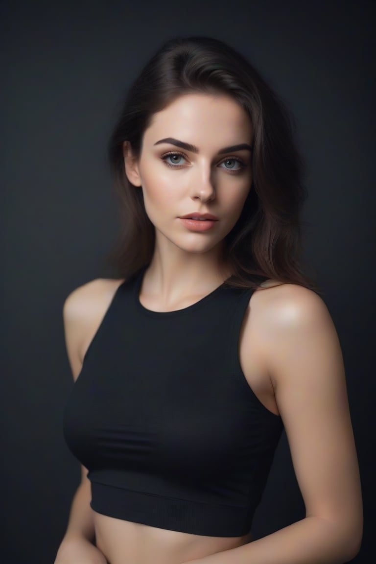 Beautiful woman wearing a tanktop black color no bra, analog photograph, professional fashion photoshoot, hyperrealistic, masterpiece, trending on artstation,krrrsty,photo r3al