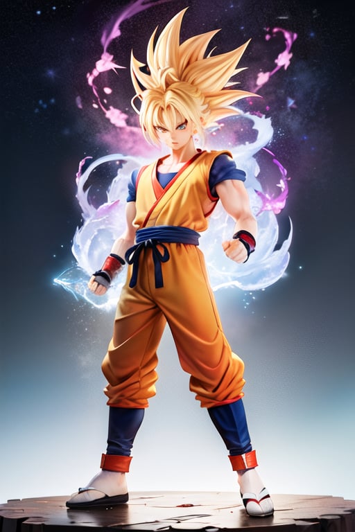 Imagine Goku in his Super Saiyan form, radiating an awe-inspiring aura of golden energy. The neural network should create a highly detailed artwork capturing Goku's transformation, with his spiky hair standing on end and glowing with a fiery intensity. His eyes should be filled with determination and a hint of controlled rage. The background should be a vast expanse of stars, emphasizing Goku's celestial power. The artwork should convey the sheer strength and raw energy that Goku possesses as a Super Saiyan.