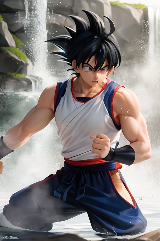 Transport yourself to a serene training ground where Goku is honing his skills. The neural network should create a breathtaking scene of Goku surrounded by lush greenery, standing under a majestic waterfall. The water cascades down, creating a mesmerizing spray that glistens in the sunlight. Goku's body is drenched, highlighting the definition of his muscles as he strikes a powerful stance. The artwork should capture the essence of Goku's unwavering determination and unwavering spirit.