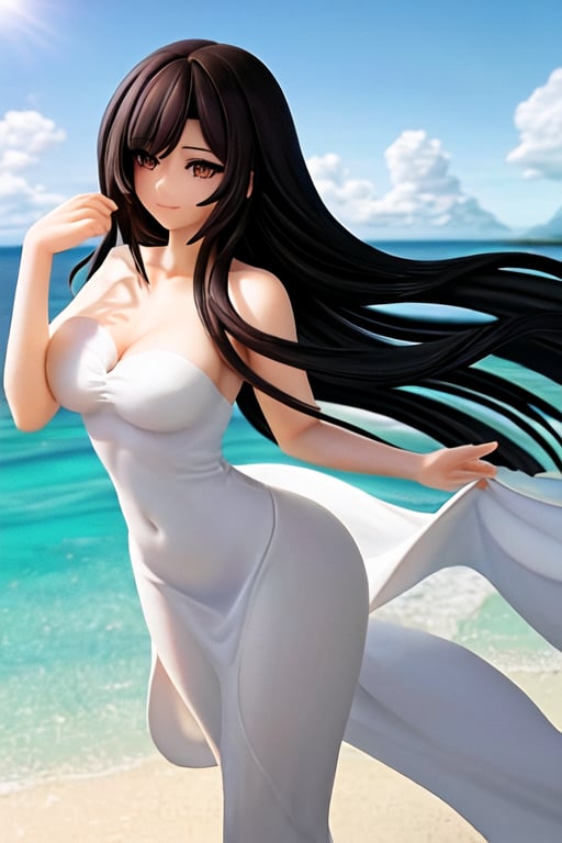 Imagine a stunning Latina woman with long, flowing dark hair cascading down her shoulders. Her face is adorned with delicate features, including mesmerizing almond-shaped eyes that sparkle with warmth and intelligence. She has a perfectly sculpted figure, with graceful curves that accentuate her natural beauty. Picture her standing on a pristine sandy beach, wearing a flowing white sundress that billows in the gentle ocean breeze. The sunlight dances on her skin, illuminating her radiant smile as she gazes out at the horizon