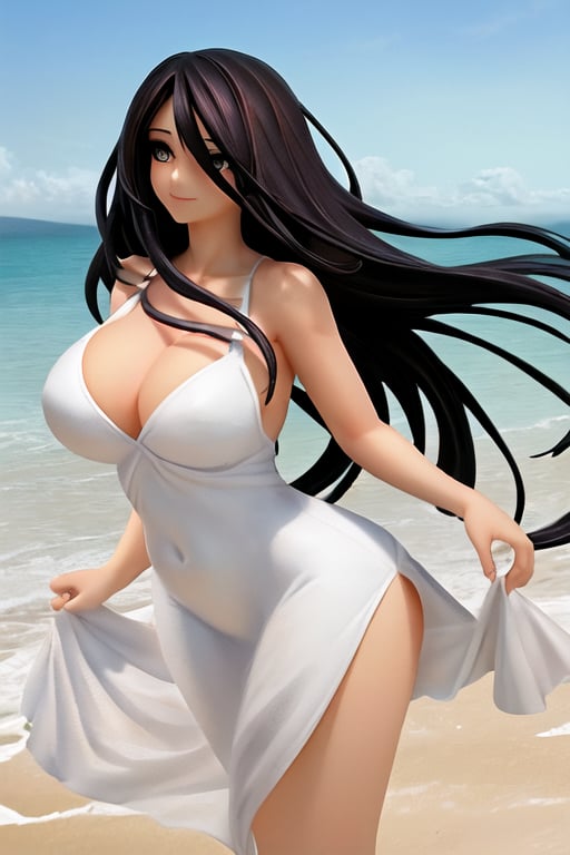 Imagine a stunning Latina woman with long, flowing dark hair cascading down her shoulders. Her face is adorned with delicate features, including mesmerizing almond-shaped eyes that sparkle with warmth and intelligence. She has a perfectly sculpted figure, with graceful curves that accentuate her natural beauty. Picture her standing on a pristine sandy beach, wearing a flowing white sundress that billows in the gentle ocean breeze. The sunlight dances on her skin, illuminating her radiant smile as she gazes out at the horizon