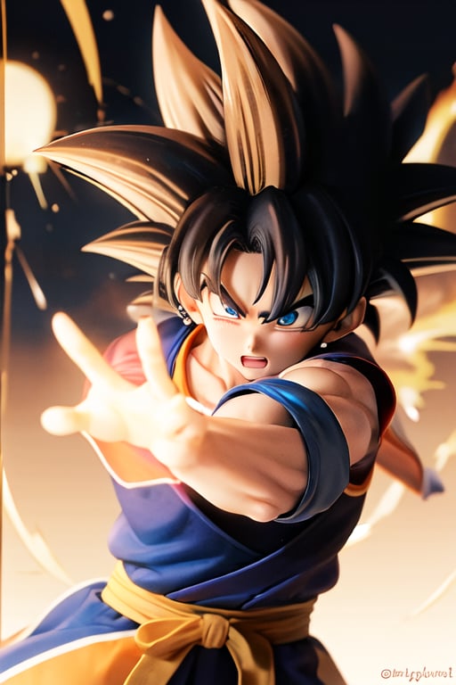 Imagine Goku, the iconic Saiyan warrior from Dragon Ball, standing atop a rocky mountain peak, his vibrant orange gi billowing in the wind. The sun sets behind him, casting a warm golden glow on his muscular physique. The neural network should create a highly realistic depiction of Goku, capturing every intricate detail of his spiky black hair, intense blue eyes, and determined expression. The artwork should showcase his dynamic pose, with one hand clenched into a fist, ready to unleash his immense power.