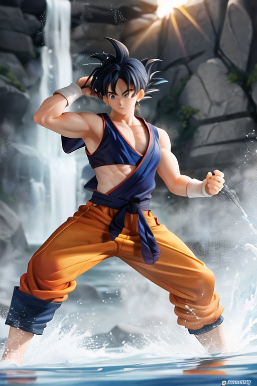 Transport yourself to a serene training ground where Goku is honing his skills. The neural network should create a breathtaking scene of Goku surrounded by lush greenery, standing under a majestic waterfall. The water cascades down, creating a mesmerizing spray that glistens in the sunlight. Goku's body is drenched, highlighting the definition of his muscles as he strikes a powerful stance. The artwork should capture the essence of Goku's unwavering determination and unwavering spirit.