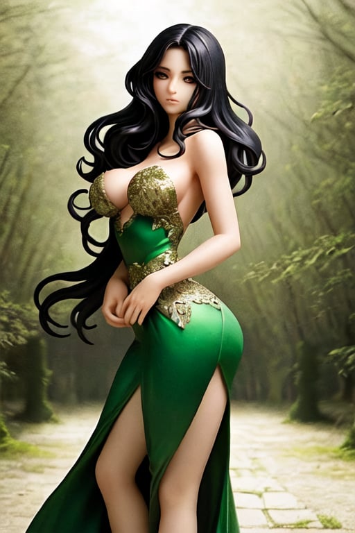 Picture a highly realistic Latina woman with silky, jet-black hair that falls in loose waves down her back. Her face is adorned with a pair of enchanting hazel eyes, which seem to change color depending on the light. She possesses a figure that is both graceful and athletic, with long, toned legs and a slender waist. Imagine her in a serene, lush forest, wearing a flowing emerald green gown that blends seamlessly with the surrounding foliage. As she gracefully moves through the trees, her presence brings a sense of tranquility to the enchanting woodland