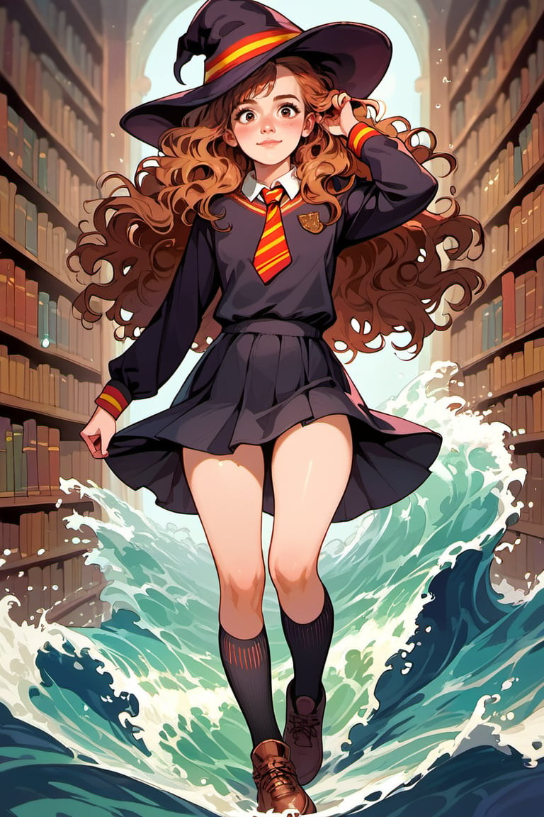 score_9, score_8_up, score_7_up, 1girl, female_solo, extra detailed xl, (hermione granger, harry potter character), cute face, young, red hair, wave hair, wizard hat, library background , wide hips, skirt, long socks, shoes , (thick legs:1.2) , (hand behind ear, pose)