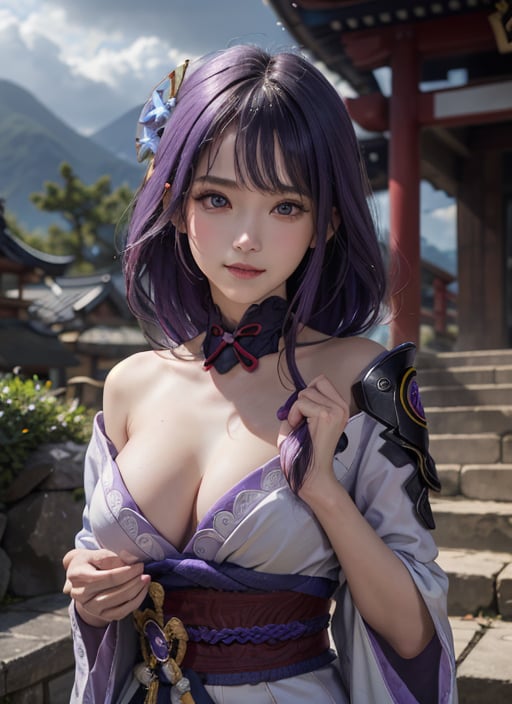 , raidenshogundef, upper body, smile, blush, outdoors, day, simple background, blue sky, long purple hair, long braided hair, sky, temple, looking at viewer, perfect breasts, perfect face, medium breasts, see through top, stairs, mountain, moody lighting, facing viewer,raidenshogundef, photorealistic, absurdres, sword appears from her chest, supernatural power, samurai supernatural power, purple glows, purple lightning,naked,nude