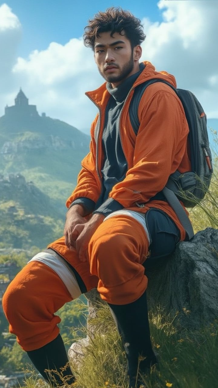 Portrait of Handsome man, sitting on a hill, Naruto style, naruto clothes, anime style 